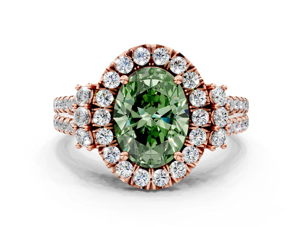 Rose gold Fancy Green Oval  Cut Double Halo Diamond Engagement Ring with Pave Band and Four-Prong Setting