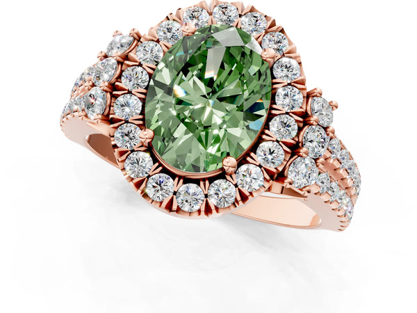 Rose gold Fancy Green Oval  Cut Double Halo Diamond Engagement Ring with Pave Band and Four-Prong Setting