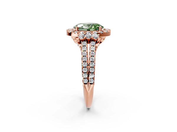 Rose gold Fancy Green Oval  Cut Double Halo Diamond Engagement Ring with Pave Band and Four-Prong Setting