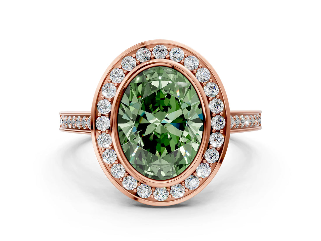 Rose gold Fancy Green Oval Cut Halo Bezel Diamond Pave Band Ring