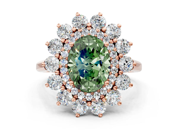 Rose gold Fancy Green Oval Cut Halo Cluster Diamond Ring with Pave Band and Four-Prong Setting