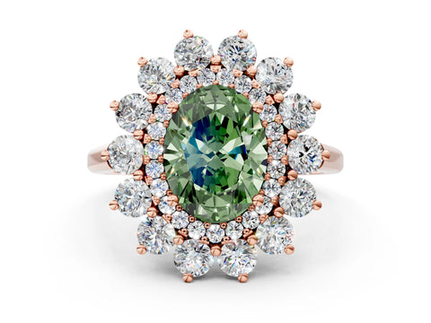 Rose gold Fancy Green Oval Cut Halo Cluster Diamond Ring with Pave Band and Four-Prong Setting_12