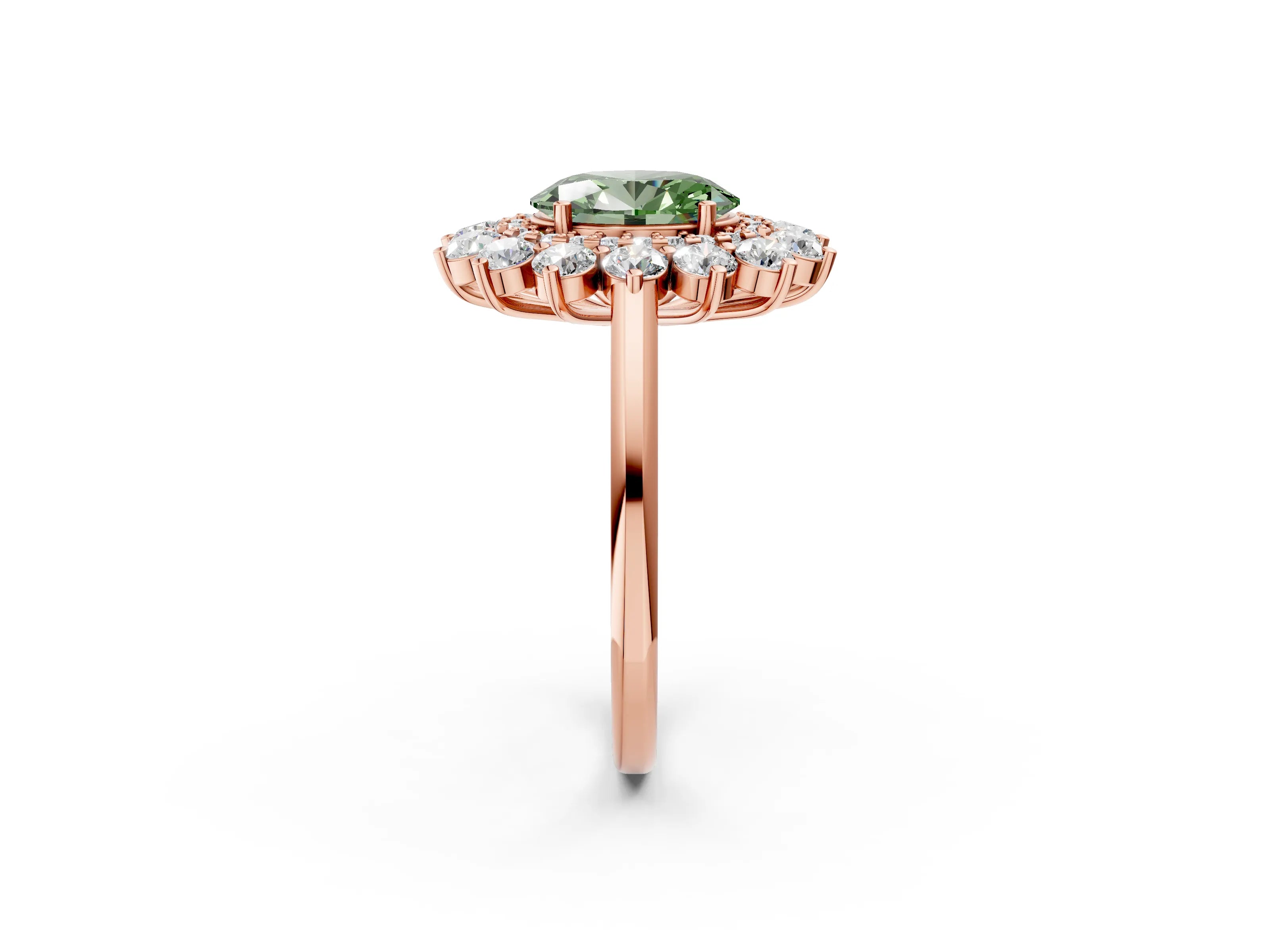 Rose gold Fancy Green Oval Cut Halo Cluster Diamond Ring with Pave Band and Four-Prong Setting_14