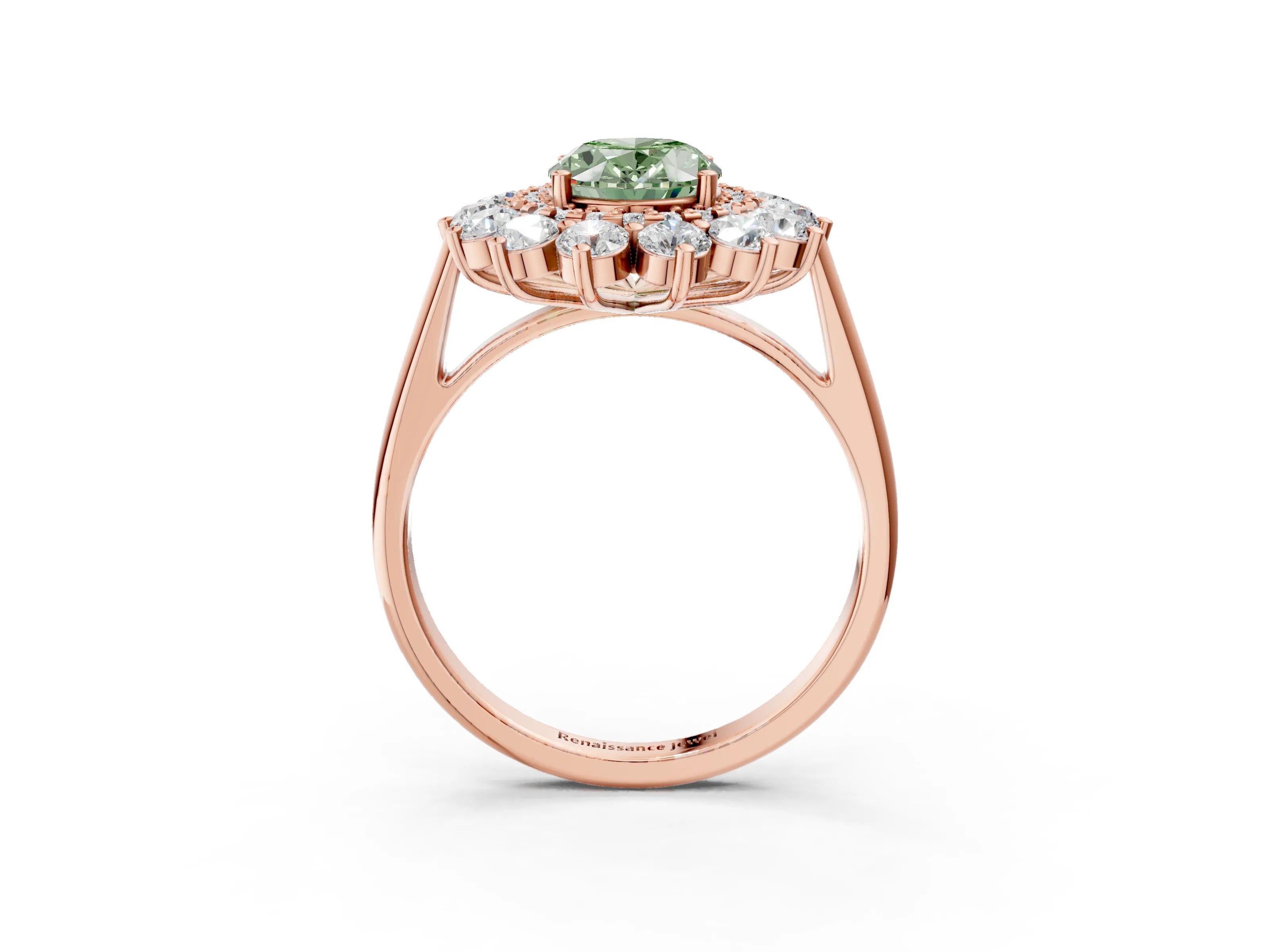 Rose gold Fancy Green Oval Cut Halo Cluster Diamond Ring with Pave Band and Four-Prong Setting_15