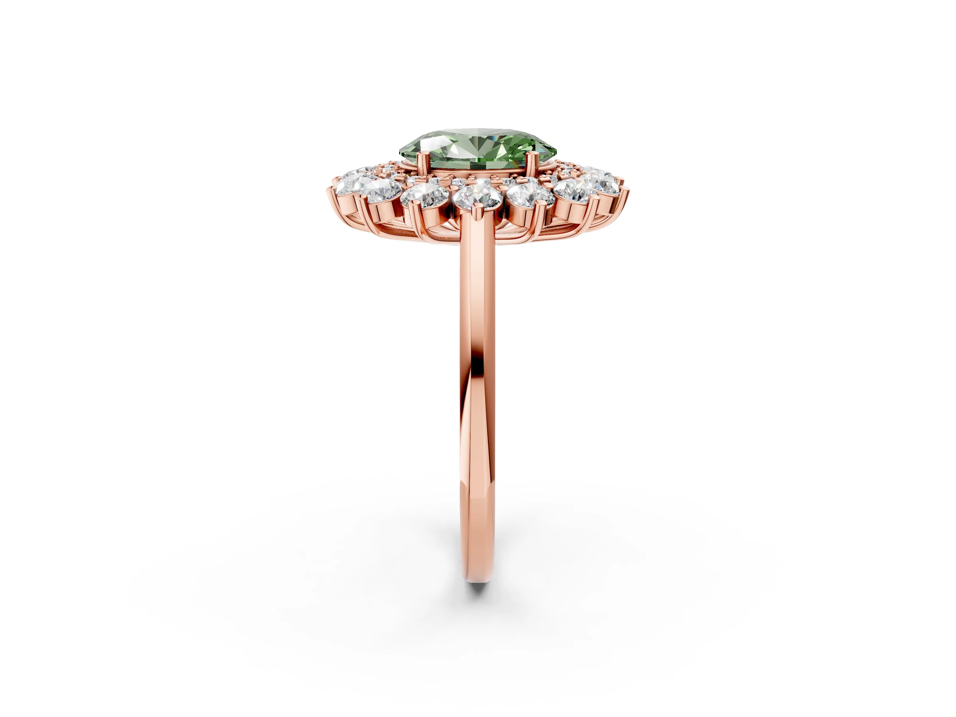 Rose gold Fancy Green Oval Cut Halo Cluster Diamond Ring with Pave Band and Four-Prong Setting_2