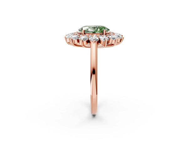 Rose gold Fancy Green Oval Cut Halo Cluster Diamond Ring with Pave Band and Four-Prong Setting