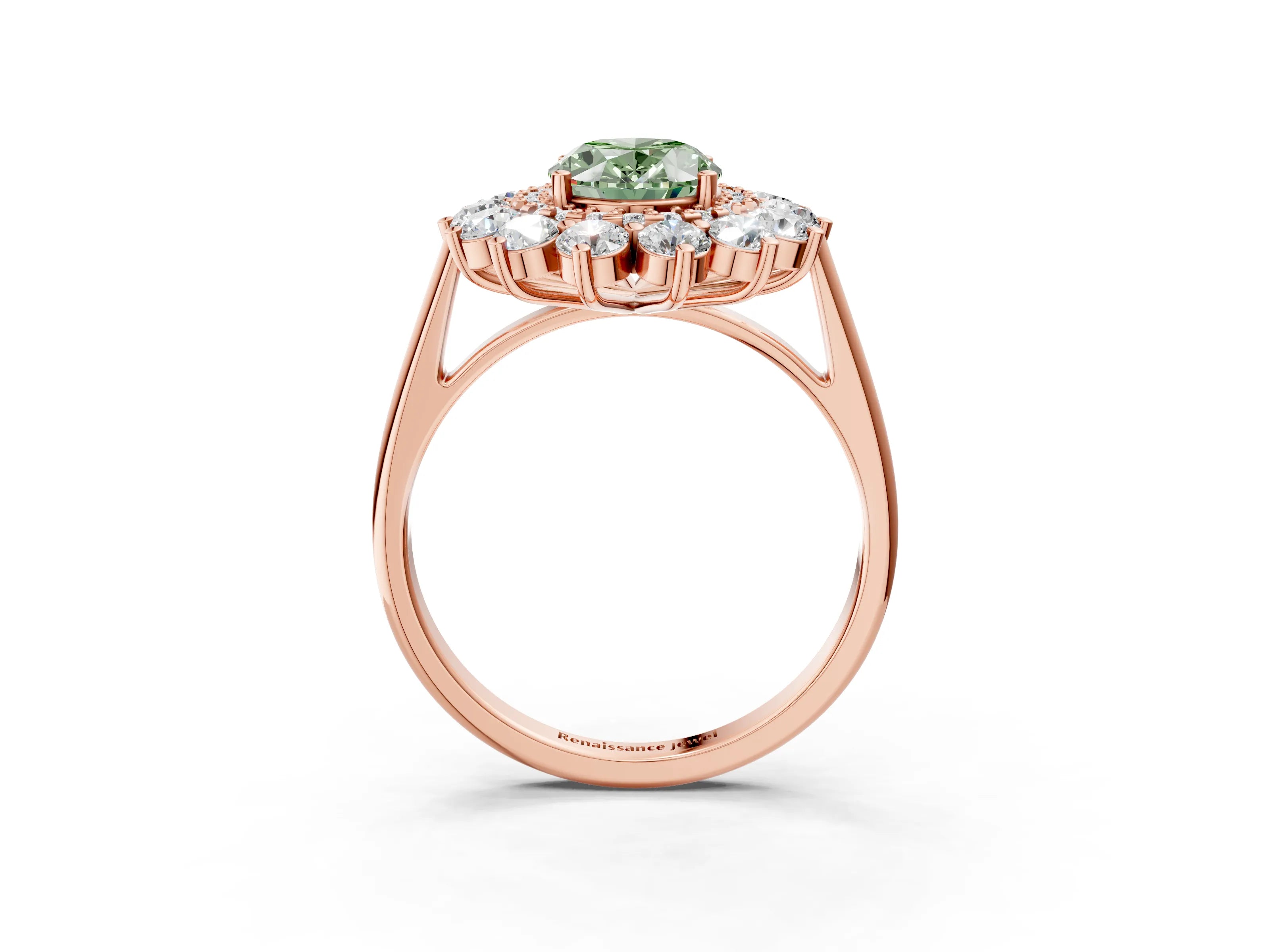 Rose gold Fancy Green Oval Cut Halo Cluster Diamond Ring with Pave Band and Four-Prong Setting_3