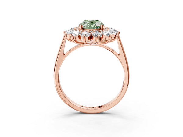 Rose gold Fancy Green Oval Cut Halo Cluster Diamond Ring with Pave Band and Four-Prong Setting