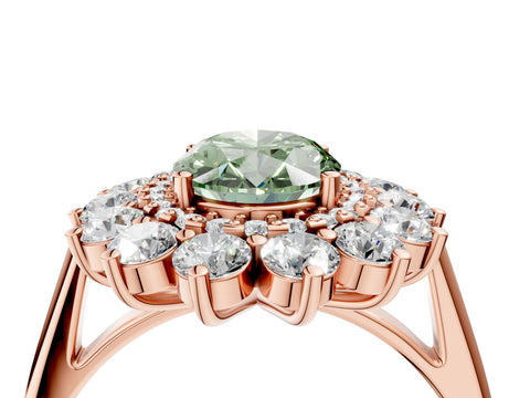 Rose gold Fancy Green Oval Cut Halo Cluster Diamond Ring with Pave Band and Four-Prong Setting_4