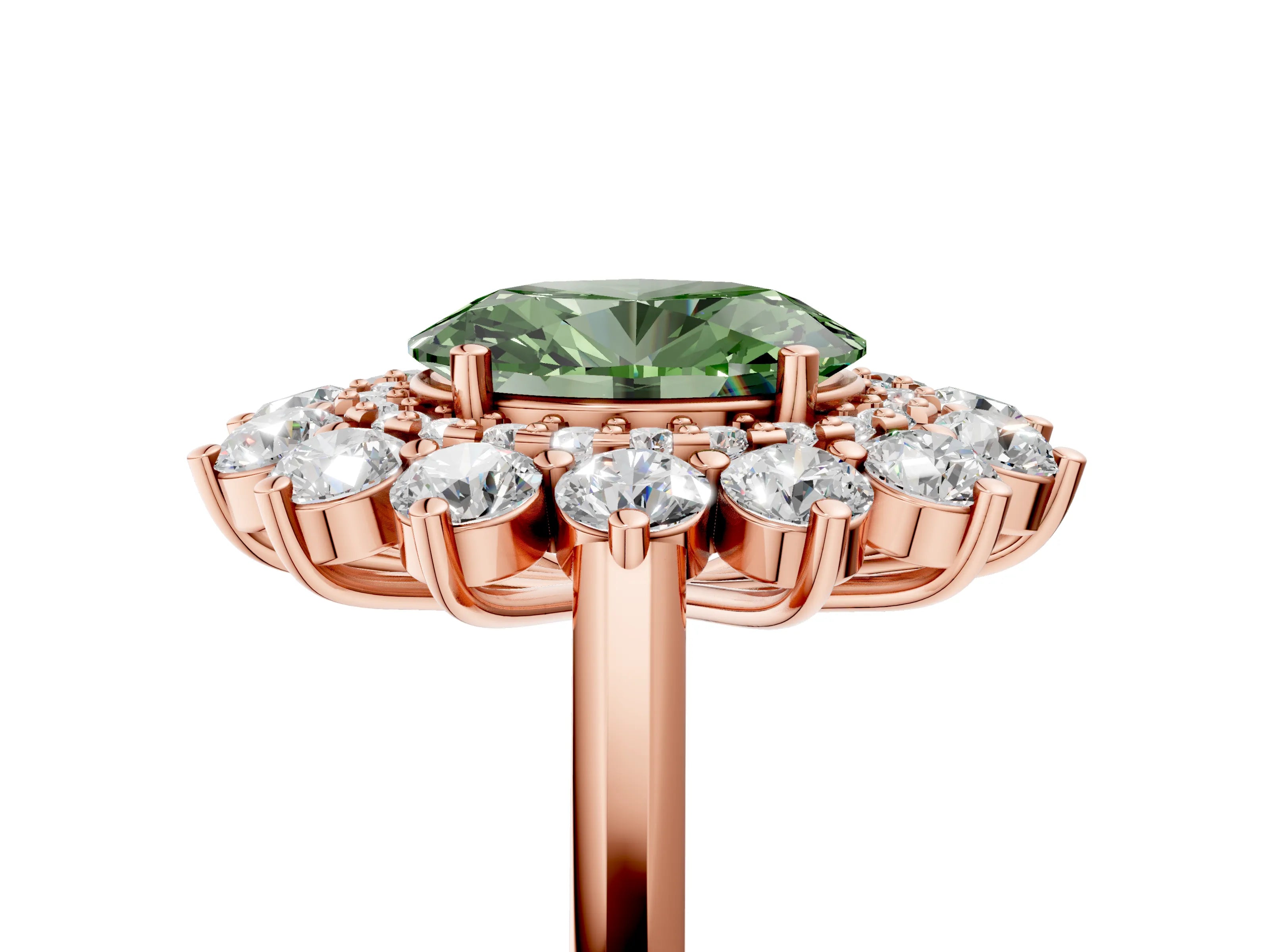 Rose gold Fancy Green Oval Cut Halo Cluster Diamond Ring with Pave Band and Four-Prong Setting_5
