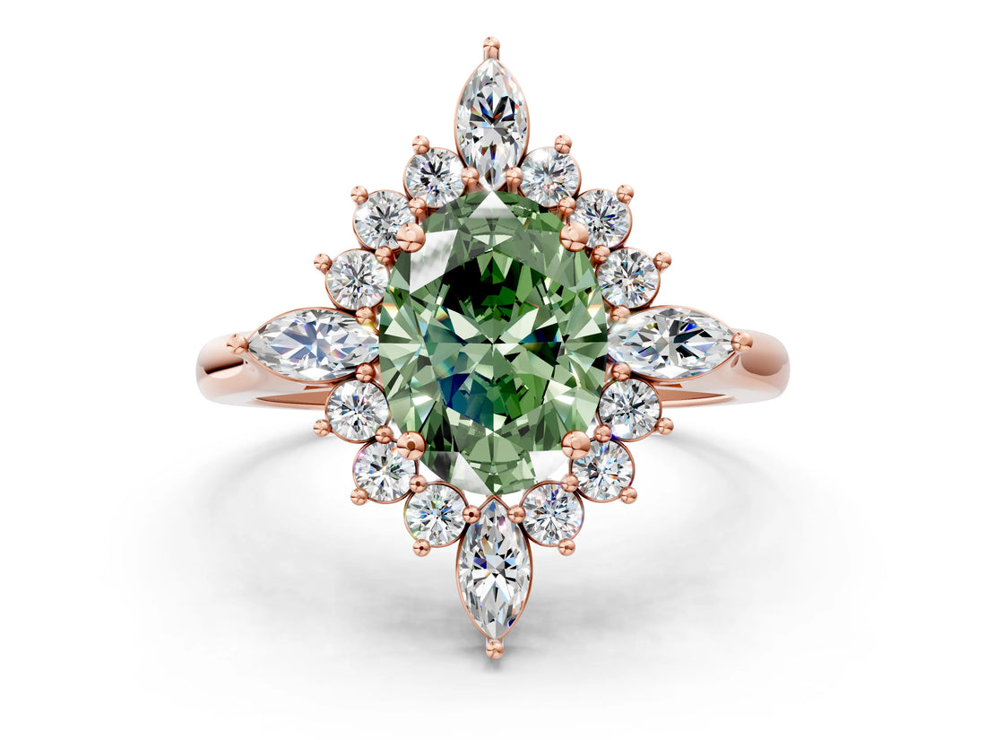 Rose gold Fancy Green Oval Cut Halo Diamond Cluster Ring with Marquise and Round Stones on a White Gold Band with Prong Setting