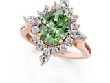 Rose gold Fancy Green Oval Cut Halo Diamond Cluster Ring with Marquise and Round Stones on a White Gold Band with Prong Setting_1