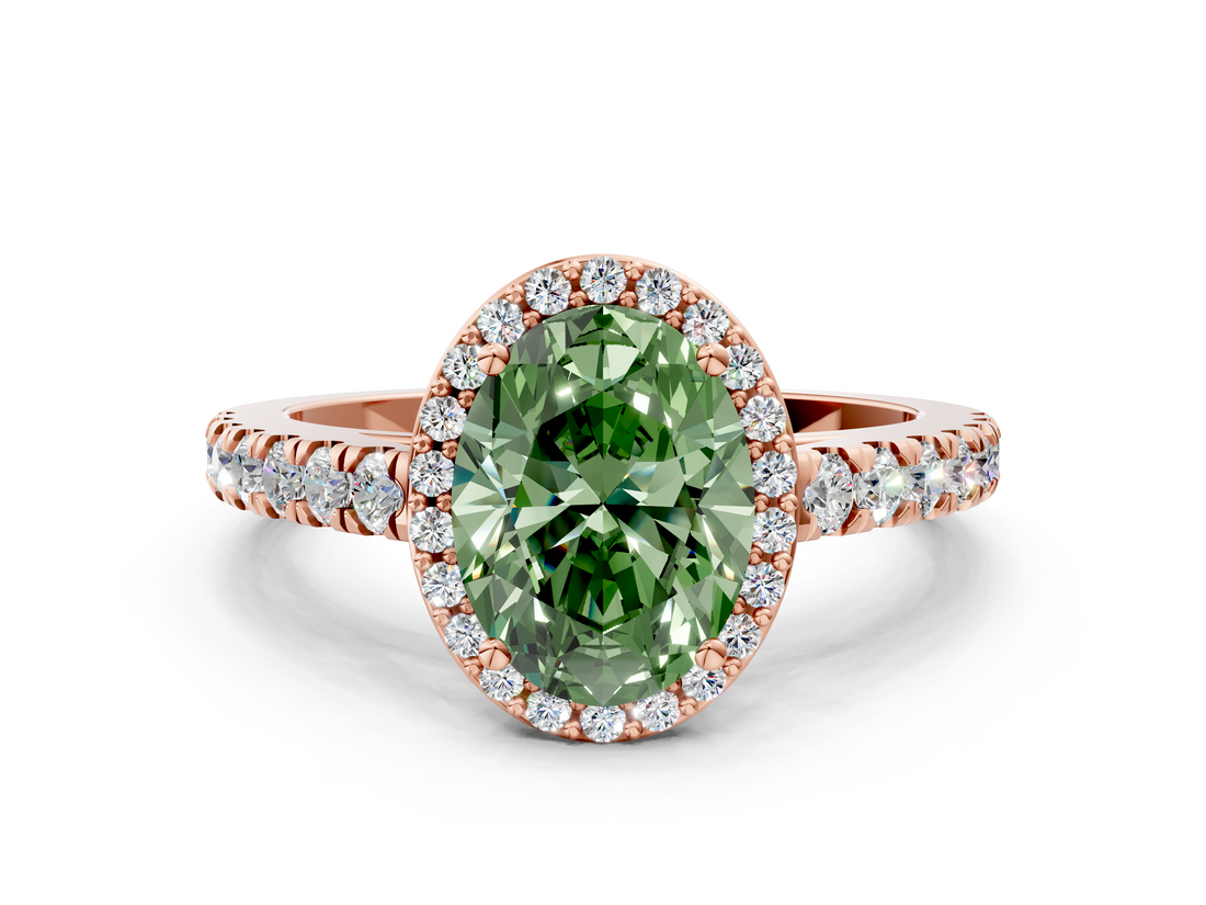 Rose gold Fancy Green Oval  Cut Halo Diamond Engagement Ring with Pave Band and Four-Prong Setting_29