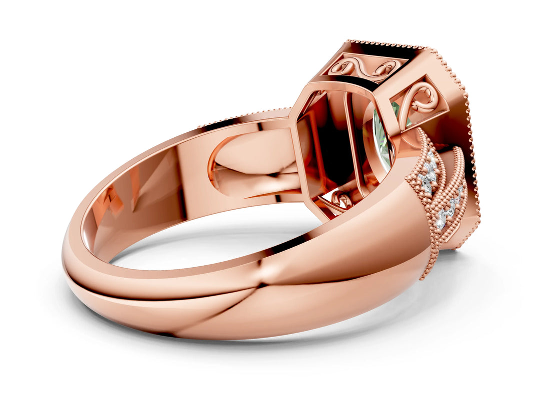 Rose gold Fancy Green Oval Cut Halo Diamond Engagement Ring with Pave Split Shank and Four-Prong Setting