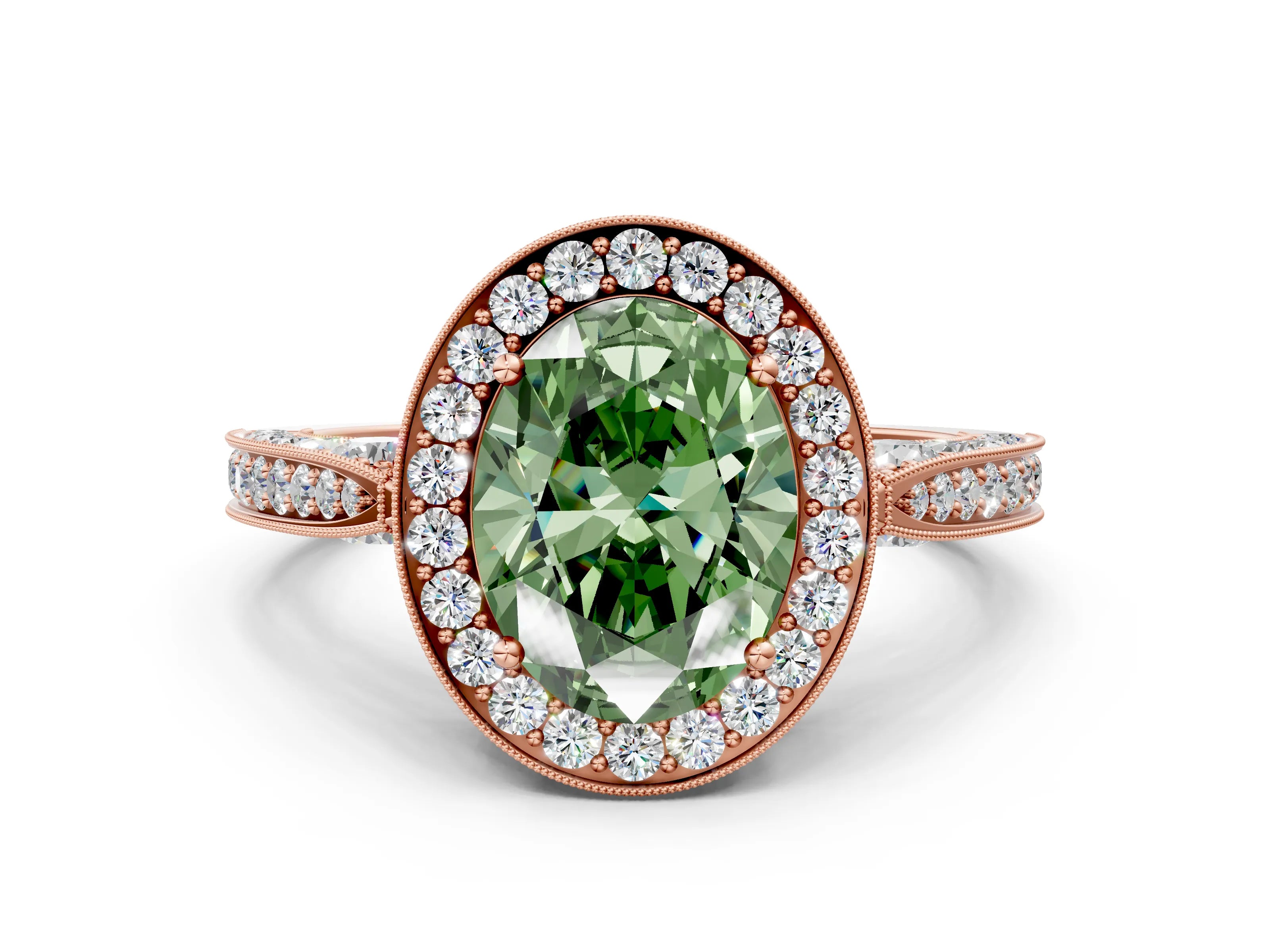 Rose gold Fancy Green Oval Cut Halo Diamond Engagement Ring with Split Shank Band and Four-Prong Setting