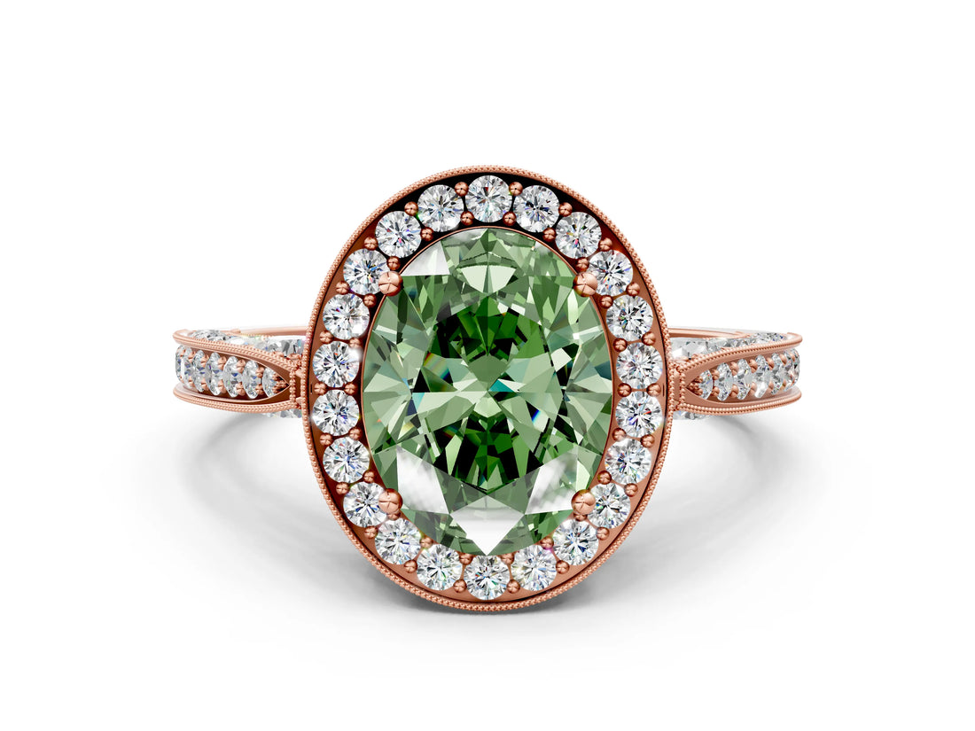 Rose gold Fancy Green Oval Cut Halo Diamond Engagement Ring with Split Shank Band and Four-Prong Setting
