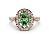 Rose gold Fancy Green Oval Cut Halo Diamond Engagement Ring with Split Shank Band and Four-Prong Setting