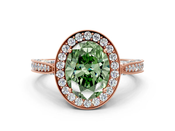 Rose gold Fancy Green Oval Cut Halo Diamond Engagement Ring with Split Shank Band and Four-Prong Setting