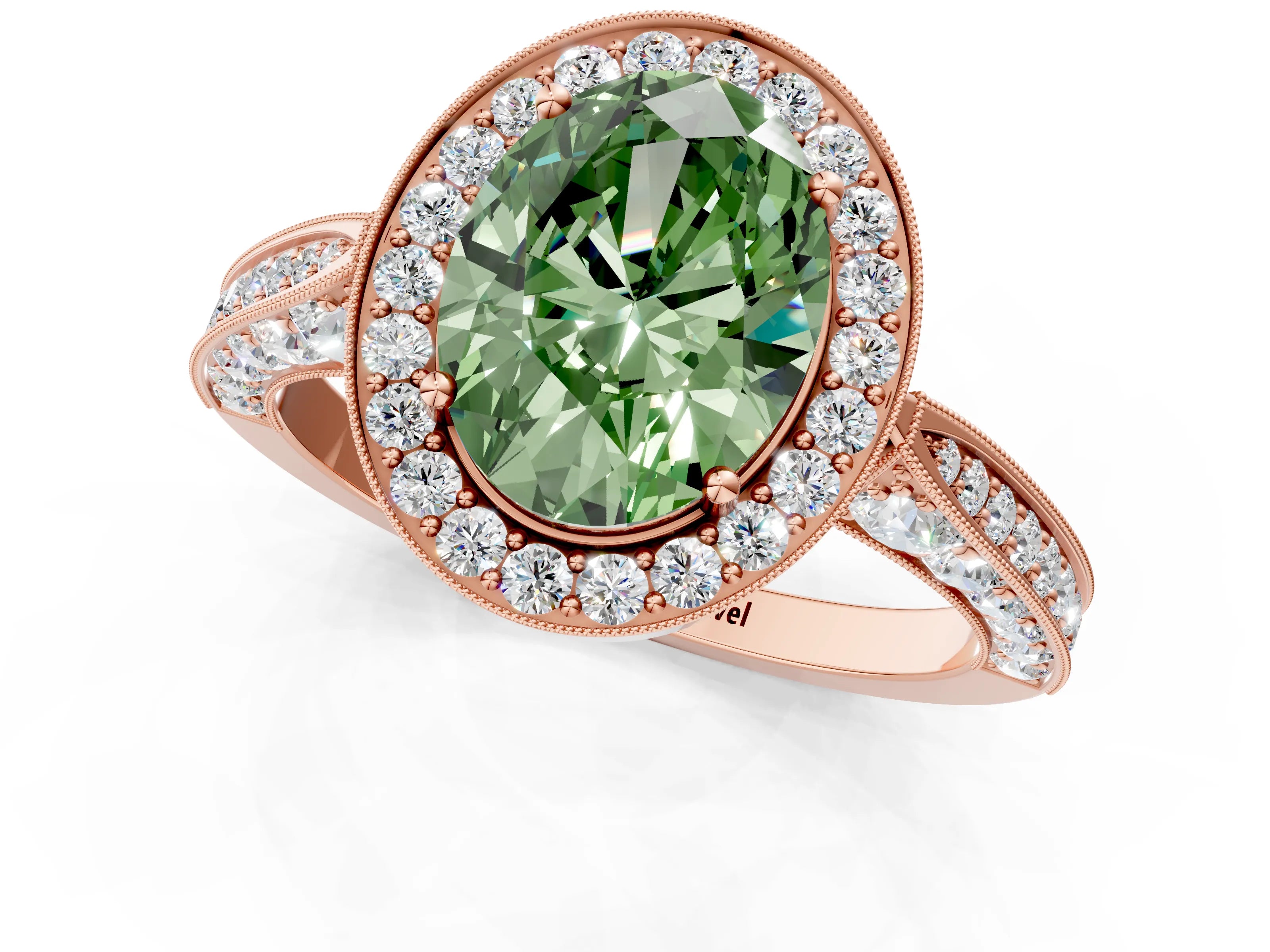 Rose gold Fancy Green Oval Cut Halo Diamond Engagement Ring with Split Shank Band and Four-Prong Setting_1