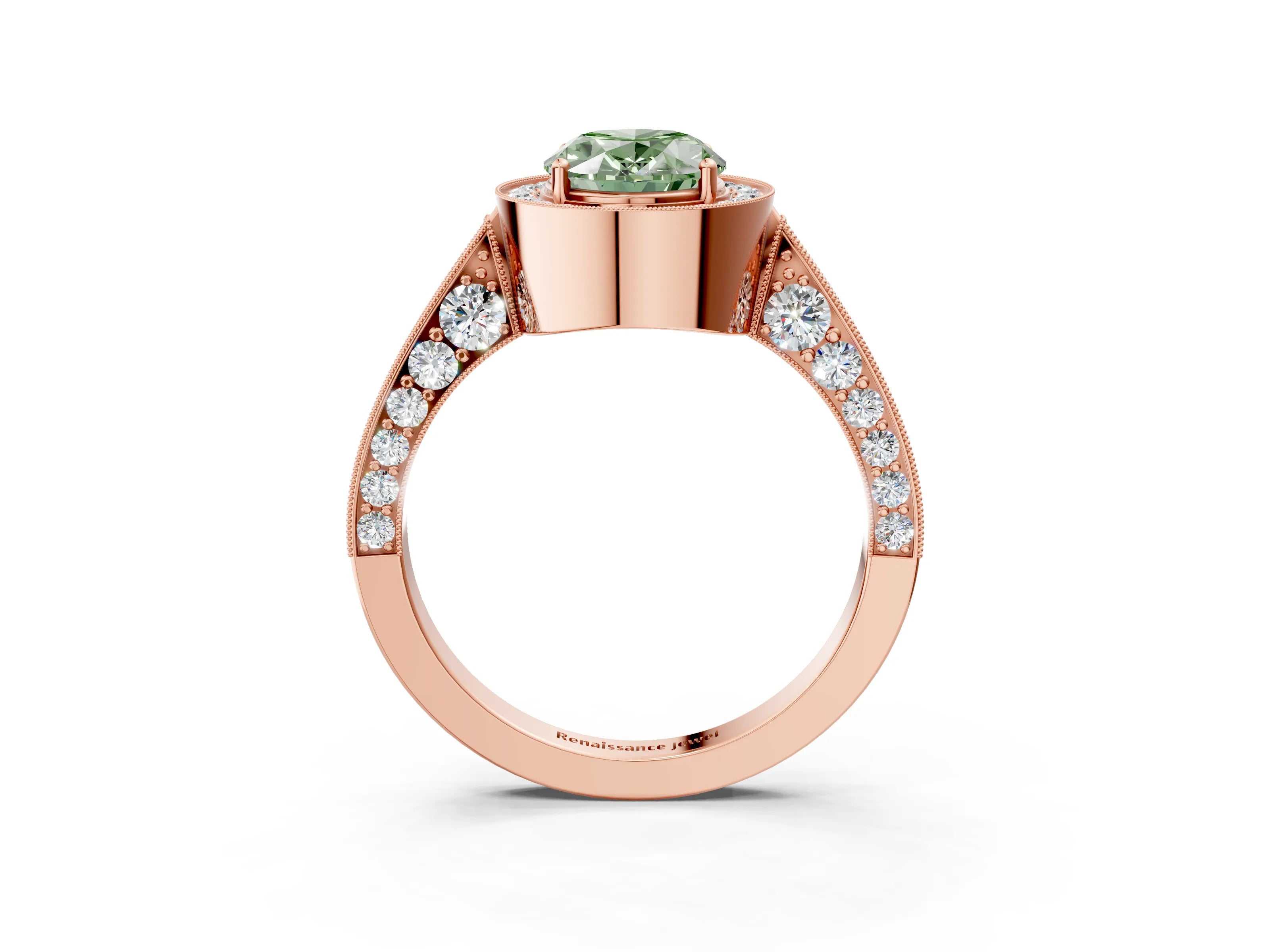 Rose gold Fancy Green Oval Cut Halo Diamond Engagement Ring with Split Shank Band and Four-Prong Setting_3