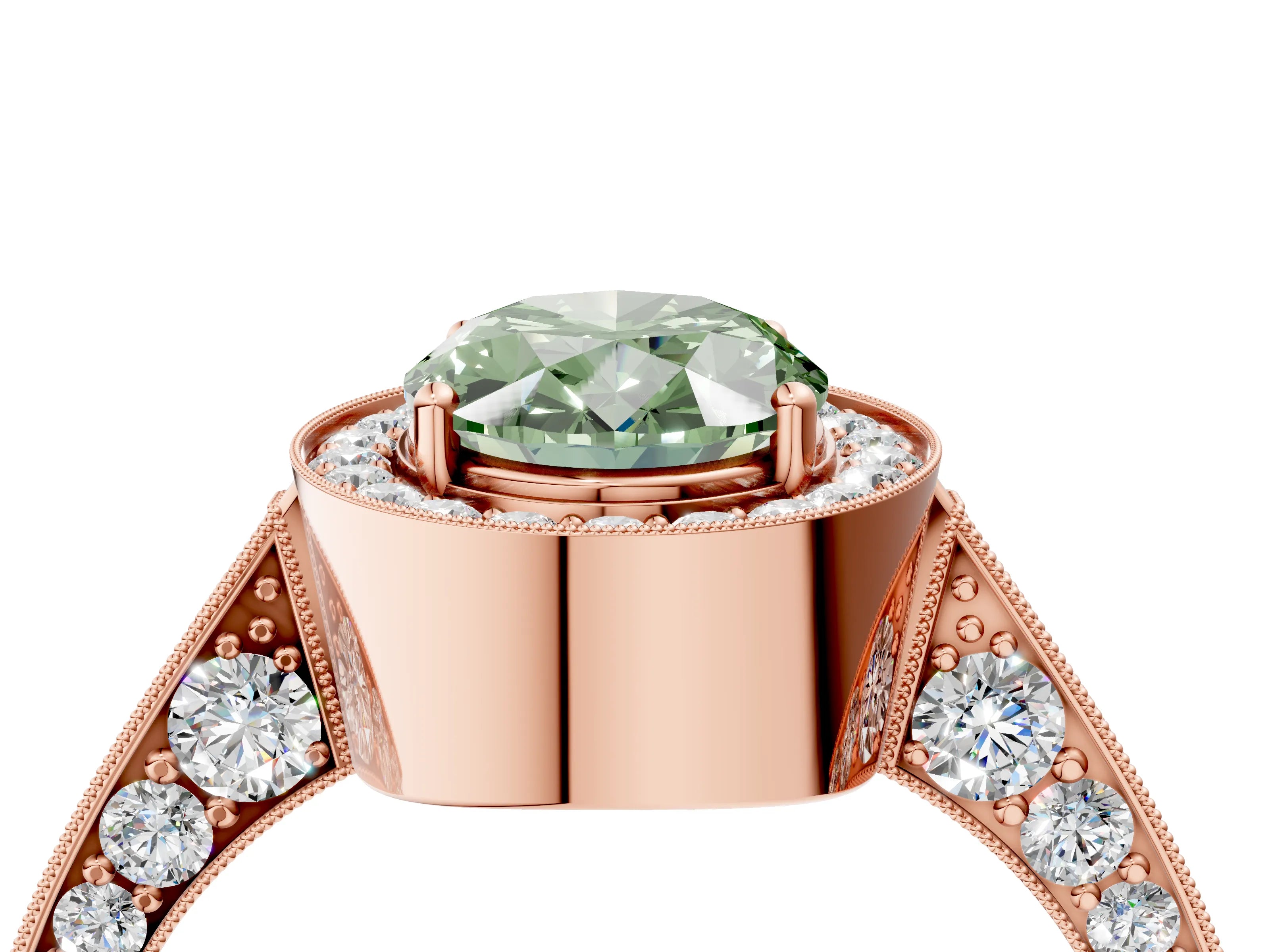 Rose gold Fancy Green Oval Cut Halo Diamond Engagement Ring with Split Shank Band and Four-Prong Setting_4