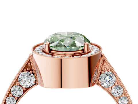 Rose gold Fancy Green Oval Cut Halo Diamond Engagement Ring with Split Shank Band and Four-Prong Setting_4