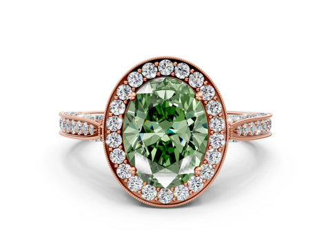Rose gold Fancy Green Oval Cut Halo Diamond Engagement Ring with Split Shank Band and Four-Prong Setting
