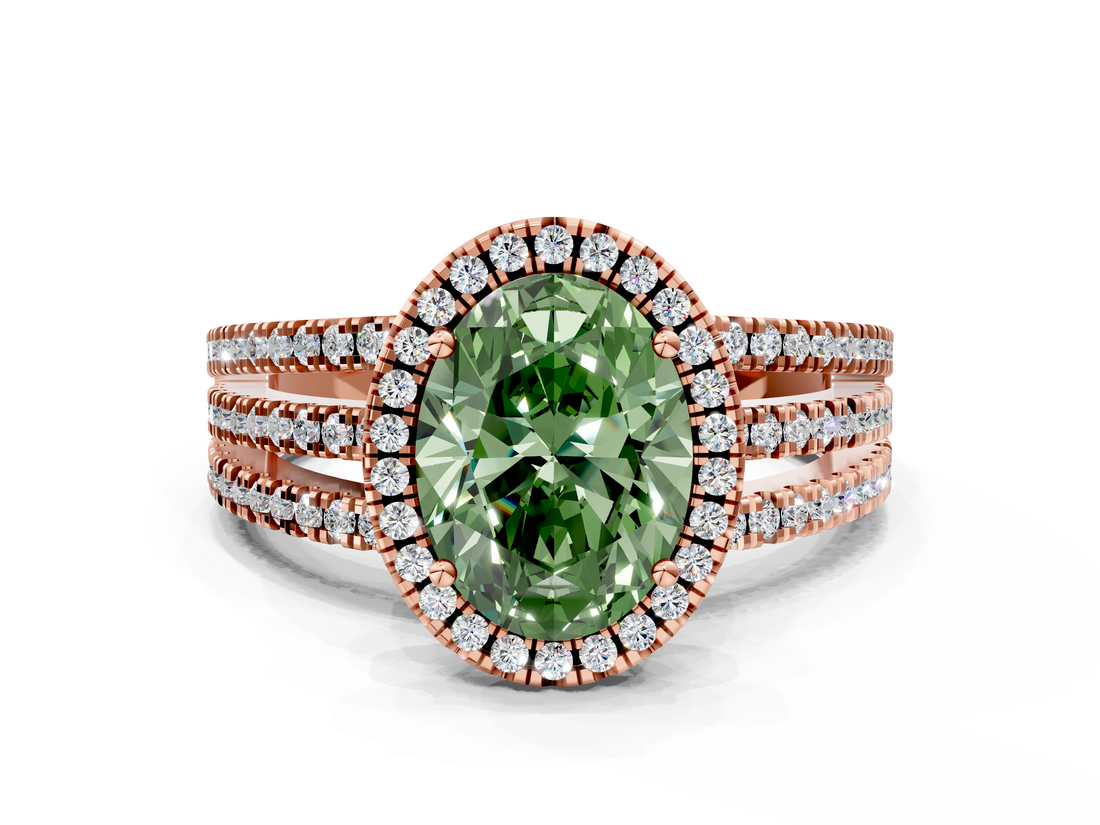 Rose gold Fancy Green Oval  Cut Halo Diamond Engagement Ring with Split Shank and Four-Prong Setting_20