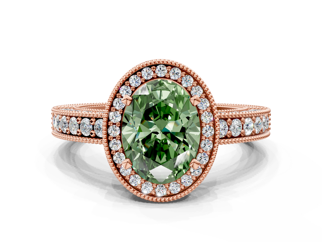 Rose gold Fancy Green Oval  Cut Halo Diamond Pave Band Ring with Four-Prong Setting_25