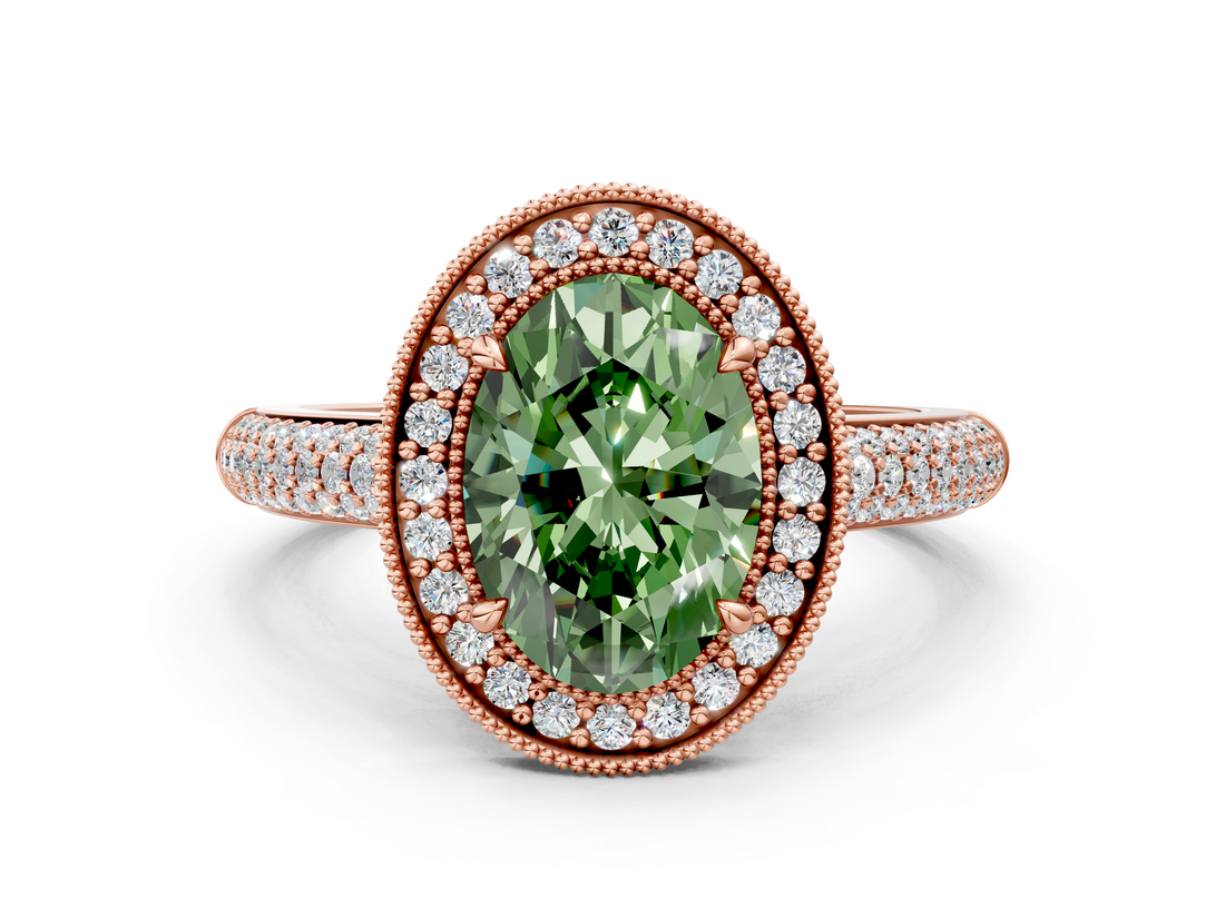 Rose gold Fancy Green Oval  Cut Halo Diamond Pave Band with Four-Prong Setting_37