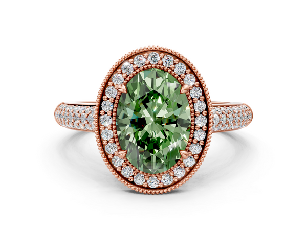 Rose gold Fancy Green Oval  Cut Halo Diamond Pave Band with Four-Prong Setting