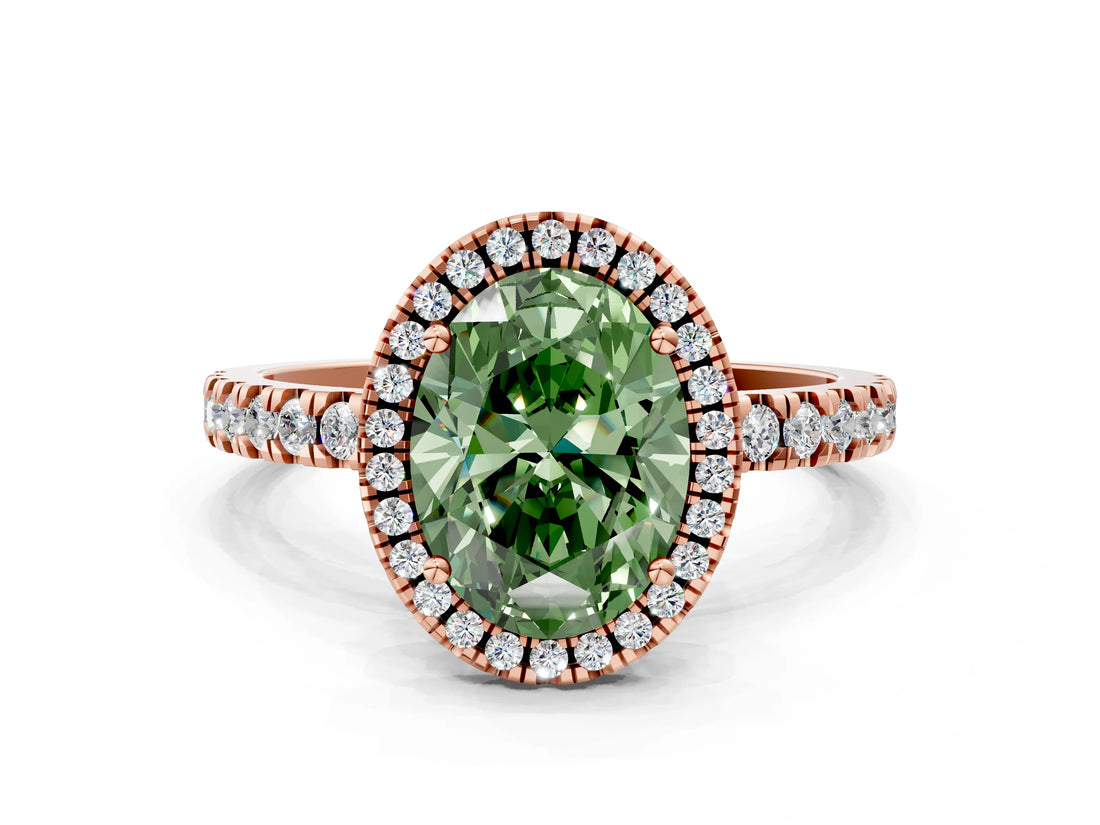 Rose gold Fancy Green Oval Cut Halo Diamond Pave Band with Prong Setting