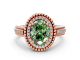 Rose gold Fancy Green Oval Cut Halo Diamond Ring with Beaded Split Shank and Four-Prong Setting