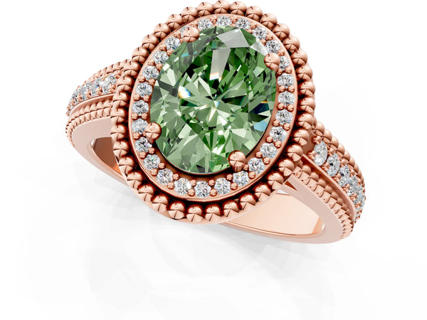 Rose Gold Oval Beaded Halo Engagement Ring Setting for Fancy Green Center with Pave
