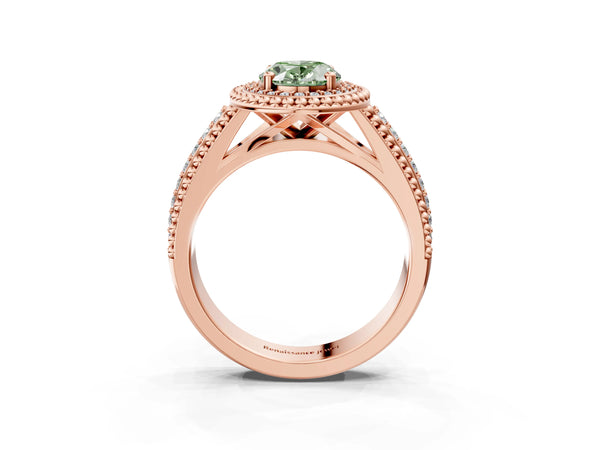 Rose Gold Oval Beaded Halo Engagement Ring Setting for Fancy Green Center with Pave