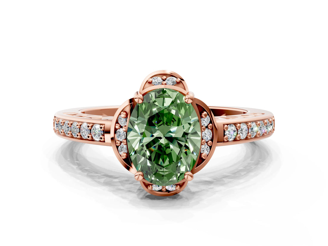 Rose gold Fancy Green Oval  Cut Halo Diamond Ring with Channel Set Band and Four-Prong Setting_33