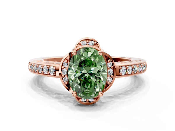 Rose gold Fancy Green Oval  Cut Halo Diamond Ring with Channel Set Band and Four-Prong Setting