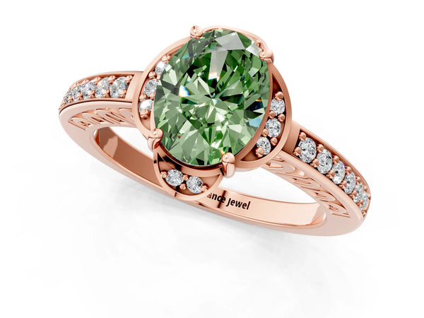 Rose gold Fancy Green Oval  Cut Halo Diamond Ring with Channel Set Band and Four-Prong Setting