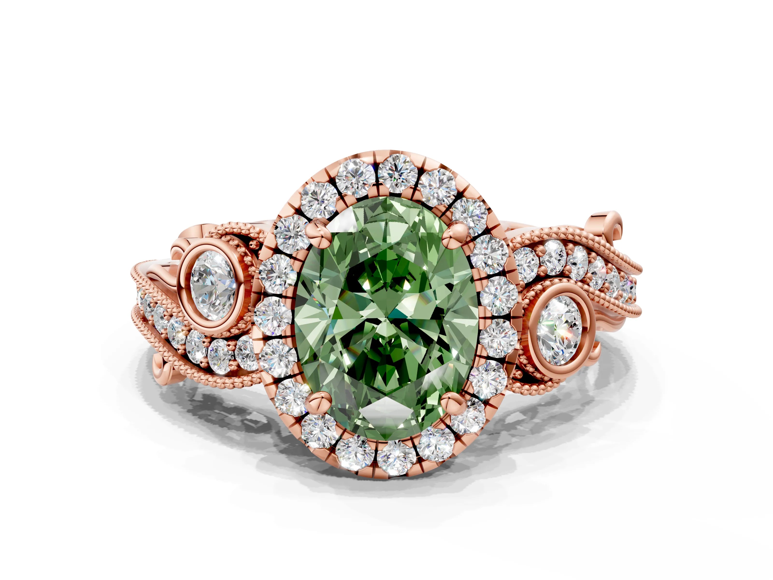 Rose gold Fancy Green Oval Cut Halo Diamond Ring with Milgrain and Bezel Accents on a Split Shank Band