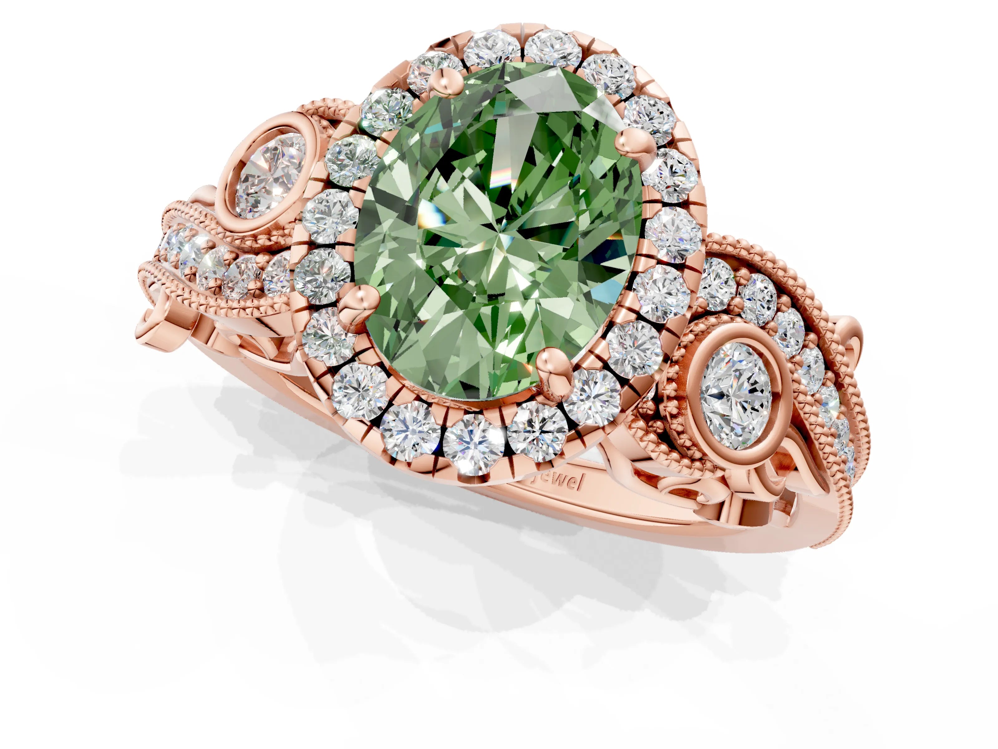 Rose gold Fancy Green Oval Cut Halo Diamond Ring with Milgrain and Bezel Accents on a Split Shank Band_1
