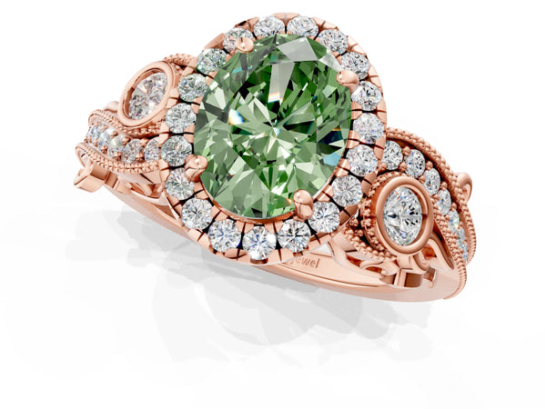Rose gold Fancy Green Oval Cut Halo Diamond Ring with Milgrain and Bezel Accents on a Split Shank Band