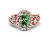 Rose gold Fancy Green Oval Cut Halo Diamond Ring with Milgrain and Bezel Accents on a Split Shank Band_12