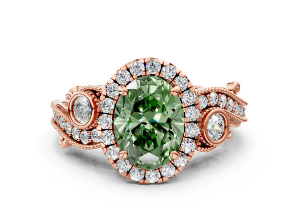 Rose gold Fancy Green Oval Cut Halo Diamond Ring with Milgrain and Bezel Accents on a Split Shank Band