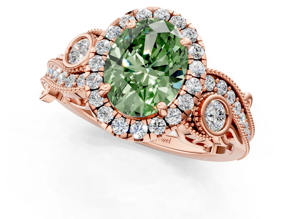 Rose gold Fancy Green Oval Cut Halo Diamond Ring with Milgrain and Bezel Accents on a Split Shank Band