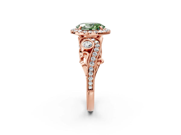 Rose gold Fancy Green Oval Cut Halo Diamond Ring with Milgrain and Bezel Accents on a Split Shank Band