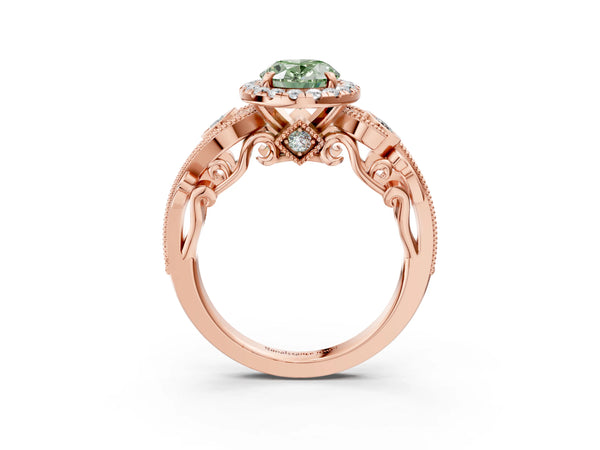 Rose gold Fancy Green Oval Cut Halo Diamond Ring with Milgrain and Bezel Accents on a Split Shank Band