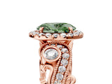 Rose gold Fancy Green Oval Cut Halo Diamond Ring with Milgrain and Bezel Accents on a Split Shank Band_17