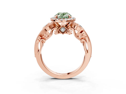 Rose gold Fancy Green Oval Cut Halo Diamond Ring with Milgrain and Bezel Accents on a Split Shank Band_3