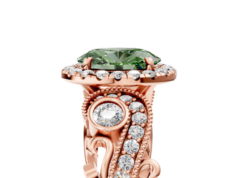 Rose gold Fancy Green Oval Cut Halo Diamond Ring with Milgrain and Bezel Accents on a Split Shank Band_5
