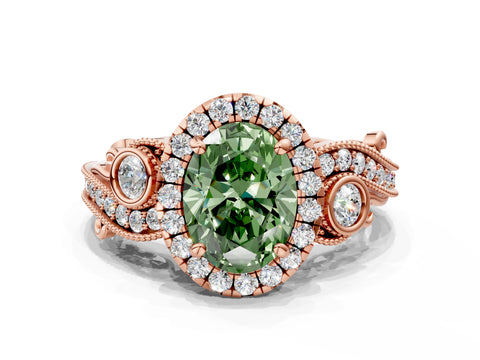 Rose gold Fancy Green Oval Cut Halo Diamond Ring with Milgrain and Bezel Accents on a Split Shank Band